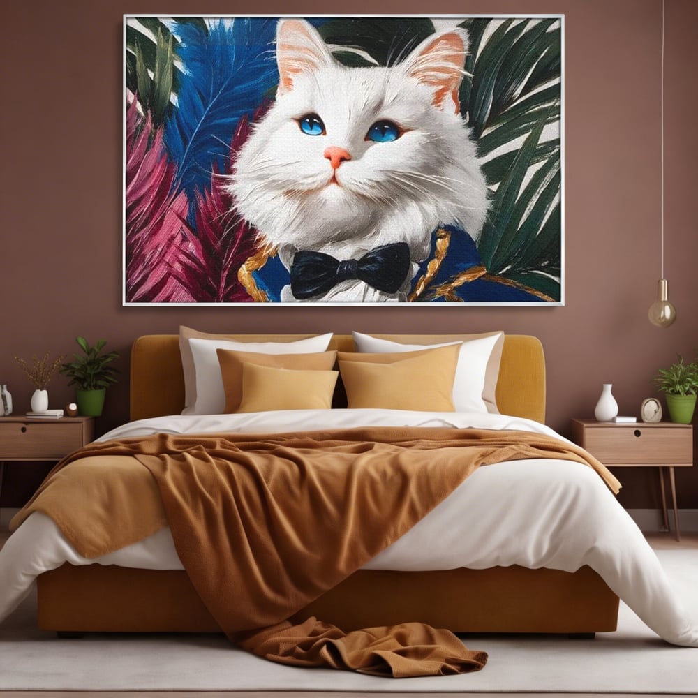 Tablou canvas cu tablou canvas cu pisica in costum, in rama de aluminiu argintiu, pe perete intr-un dormitor